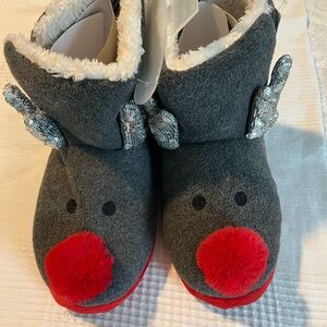 Super Cute Gray Reindeer Slippers with Red Nose and Sequined Antlers